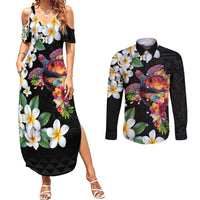 Hawaiian Lei Day Couples Matching Summer Maxi Dress and Long Sleeve Button Shirt Plumeria and Turtle with Polynesian Tribal Pattern LT03 Black - Polynesian Pride