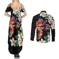 Hawaiian Lei Day Couples Matching Summer Maxi Dress and Long Sleeve Button Shirt Plumeria and Turtle with Polynesian Tribal Pattern LT03 - Polynesian Pride