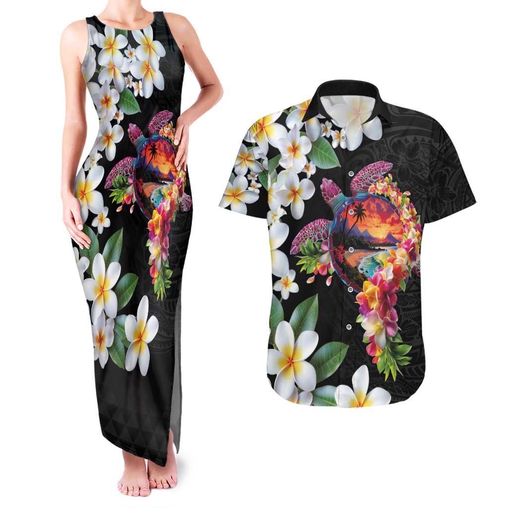 Hawaiian Lei Day Couples Matching Tank Maxi Dress and Hawaiian Shirt Plumeria and Turtle with Polynesian Tribal Pattern LT03 Black - Polynesian Pride