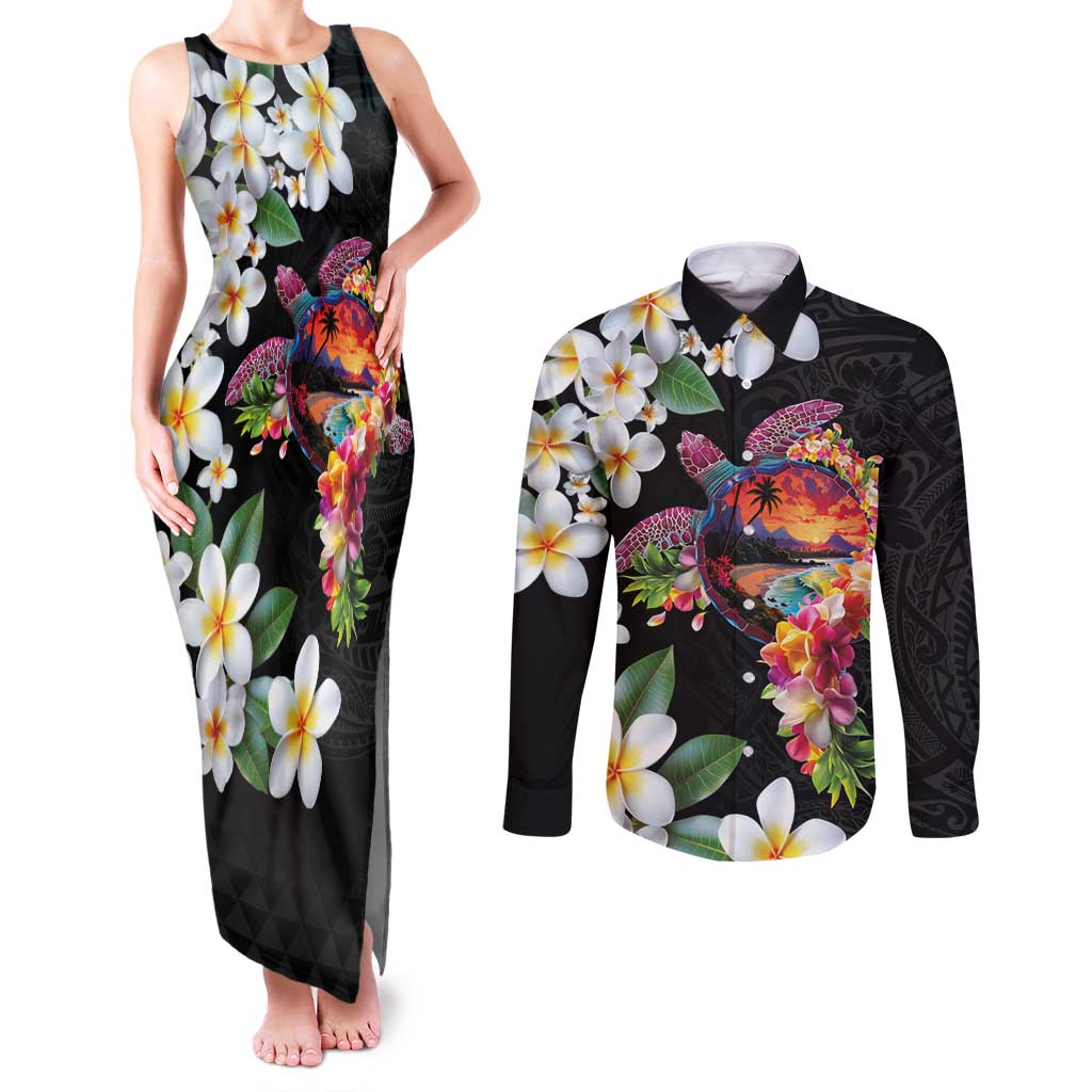 Hawaiian Lei Day Couples Matching Tank Maxi Dress and Long Sleeve Button Shirt Plumeria and Turtle with Polynesian Tribal Pattern LT03 Black - Polynesian Pride