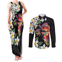 Hawaiian Lei Day Couples Matching Tank Maxi Dress and Long Sleeve Button Shirt Plumeria and Turtle with Polynesian Tribal Pattern LT03 Black - Polynesian Pride