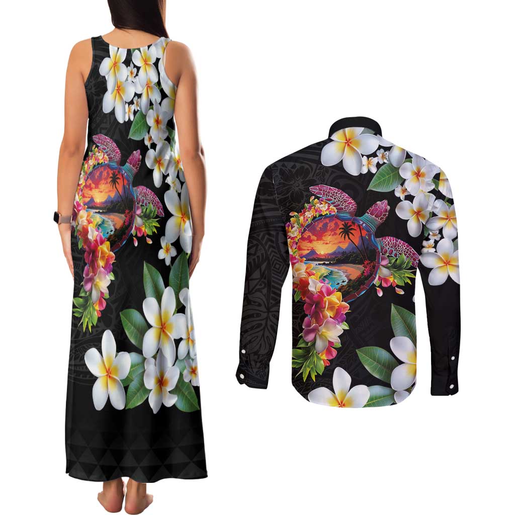 Hawaiian Lei Day Couples Matching Tank Maxi Dress and Long Sleeve Button Shirt Plumeria and Turtle with Polynesian Tribal Pattern LT03 - Polynesian Pride