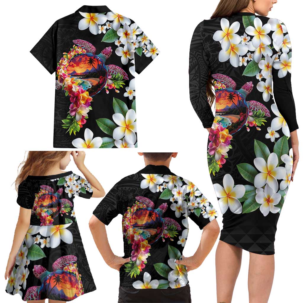 Hawaiian Lei Day Family Matching Long Sleeve Bodycon Dress and Hawaiian Shirt Plumeria and Turtle with Polynesian Tribal Pattern