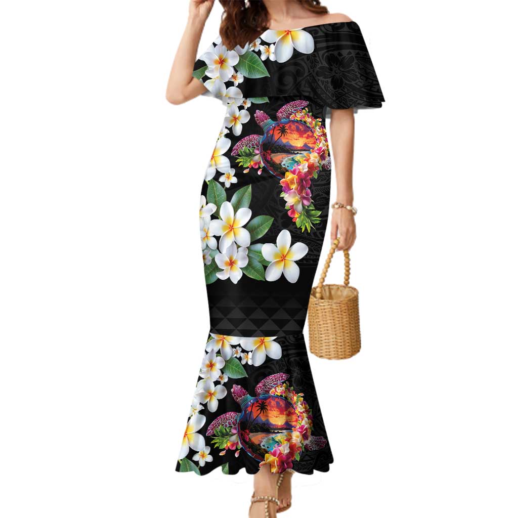 Hawaiian Lei Day Family Matching Mermaid Dress and Hawaiian Shirt Plumeria and Turtle with Polynesian Tribal Pattern