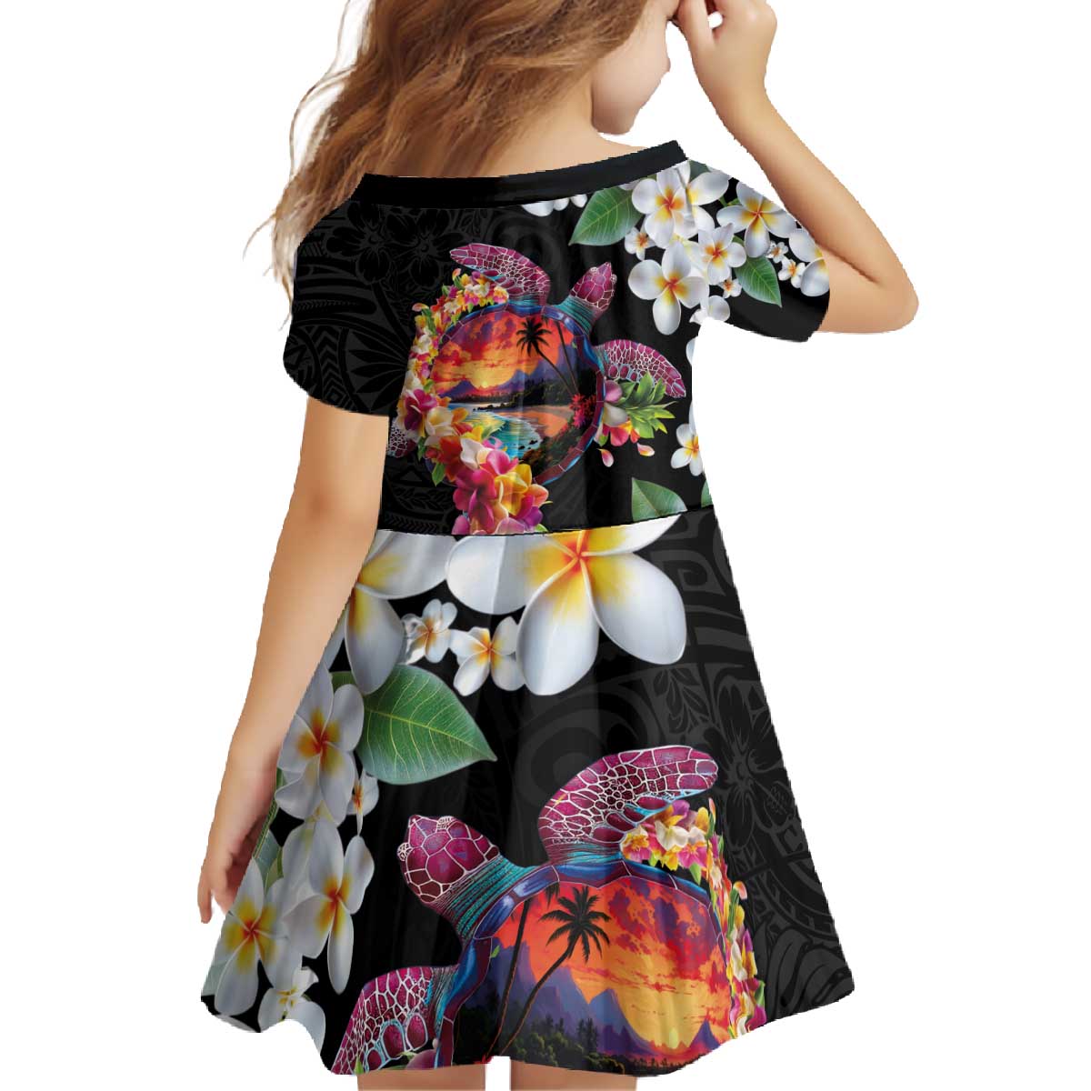 Hawaiian Lei Day Family Matching Off The Shoulder Long Sleeve Dress and Hawaiian Shirt Plumeria and Turtle with Polynesian Tribal Pattern