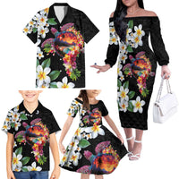 Hawaiian Lei Day Family Matching Off The Shoulder Long Sleeve Dress and Hawaiian Shirt Plumeria and Turtle with Polynesian Tribal Pattern