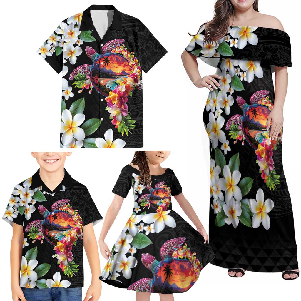 Hawaiian Lei Day Family Matching Off Shoulder Maxi Dress and Hawaiian Shirt Plumeria and Turtle with Polynesian Tribal Pattern