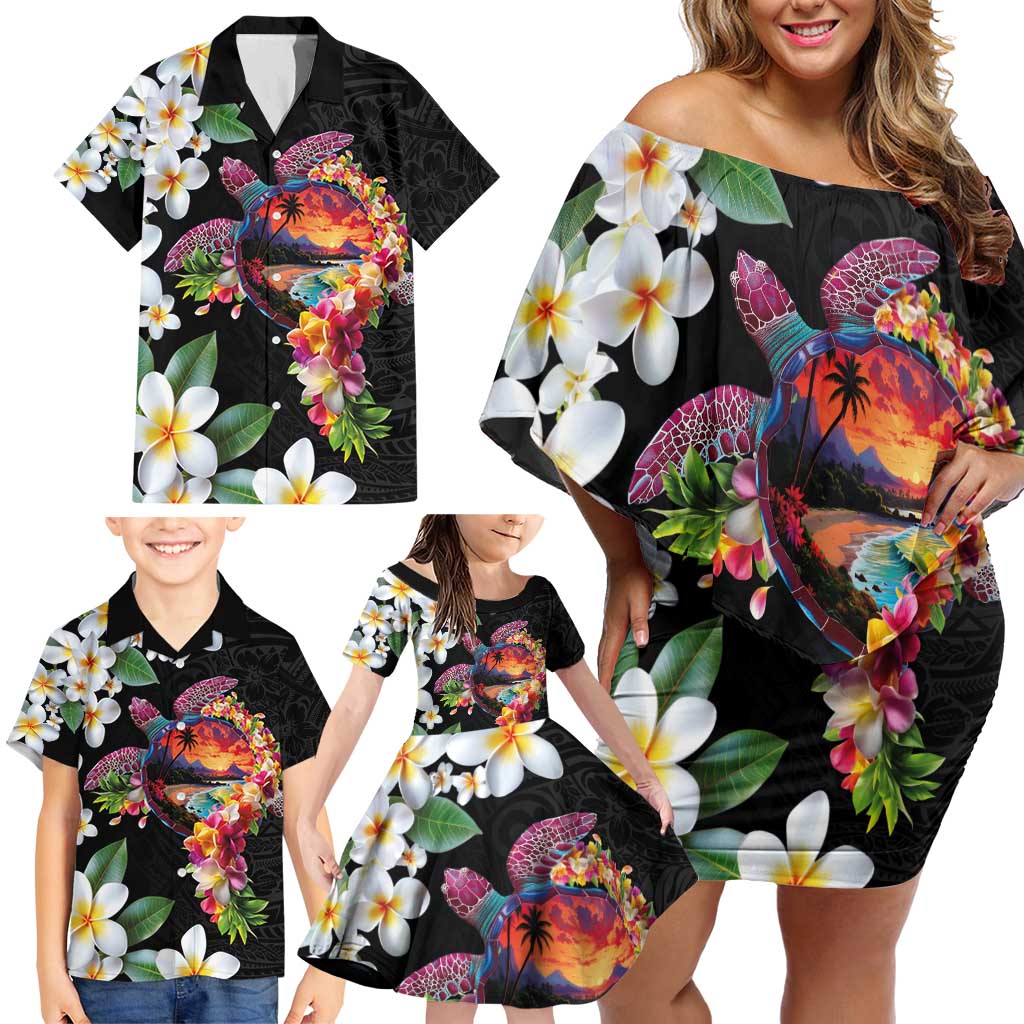 Hawaiian Lei Day Family Matching Off Shoulder Short Dress and Hawaiian Shirt Plumeria and Turtle with Polynesian Tribal Pattern