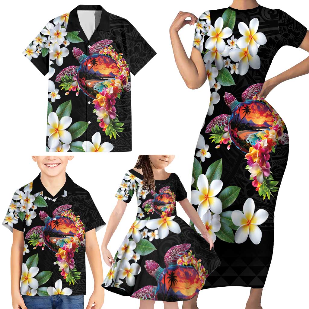 Hawaiian Lei Day Family Matching Short Sleeve Bodycon Dress and Hawaiian Shirt Plumeria and Turtle with Polynesian Tribal Pattern