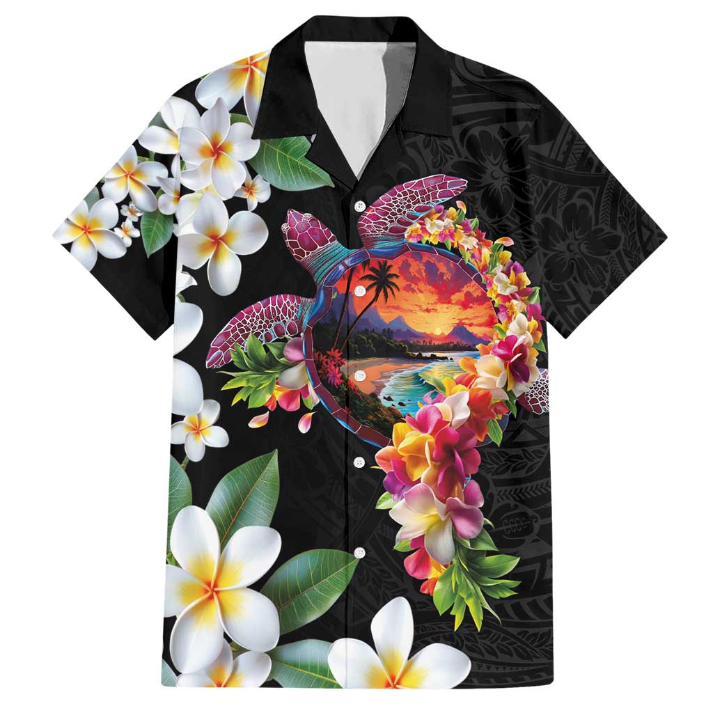 Hawaiian Lei Day Hawaiian Shirt Plumeria and Turtle with Polynesian Tribal Pattern LT03 Black - Polynesian Pride