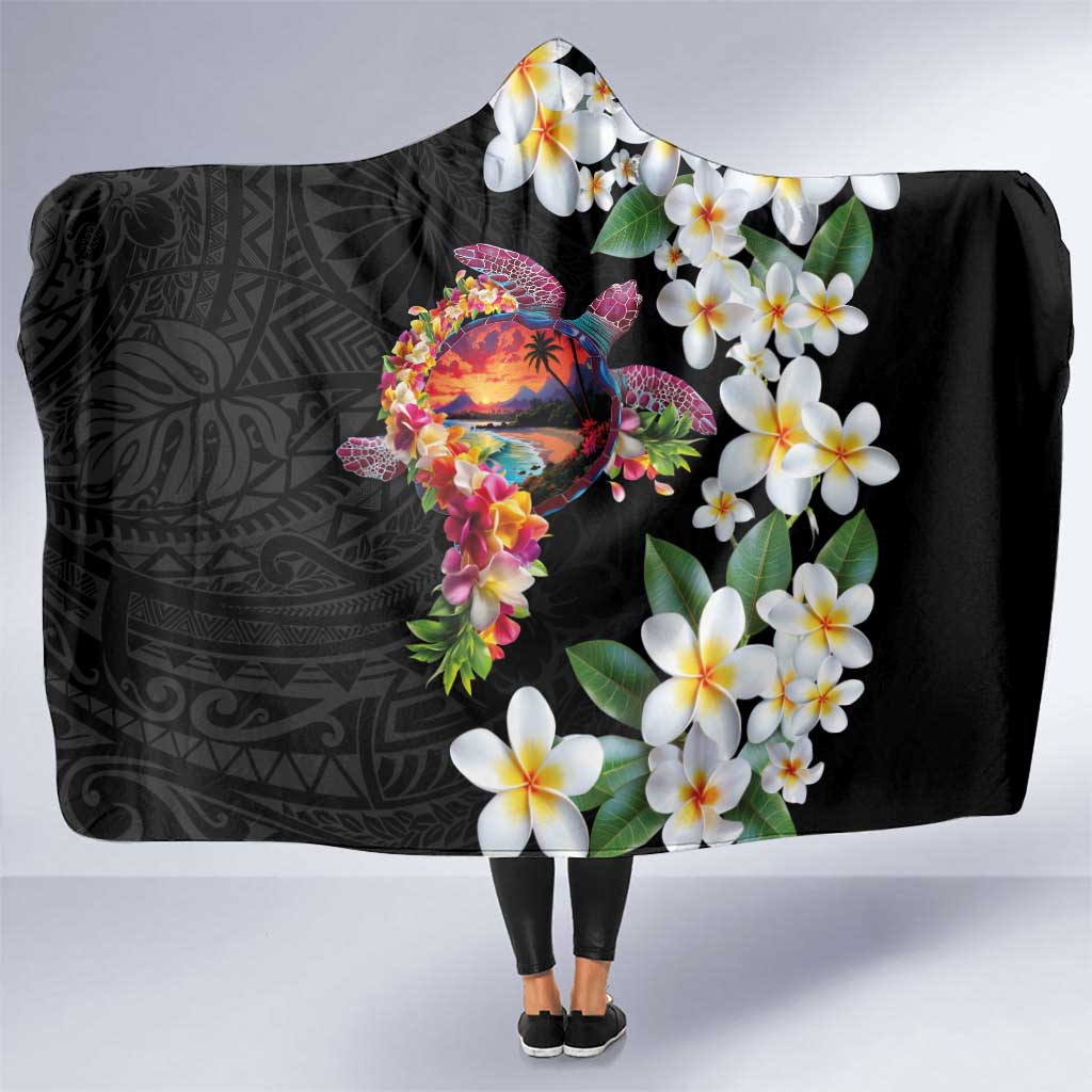 Hawaiian Lei Day Hooded Blanket Plumeria and Turtle with Polynesian Tribal Pattern LT03 One Size Black - Polynesian Pride