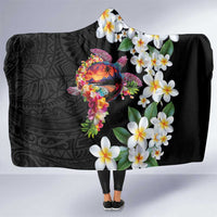 Hawaiian Lei Day Hooded Blanket Plumeria and Turtle with Polynesian Tribal Pattern LT03 One Size Black - Polynesian Pride