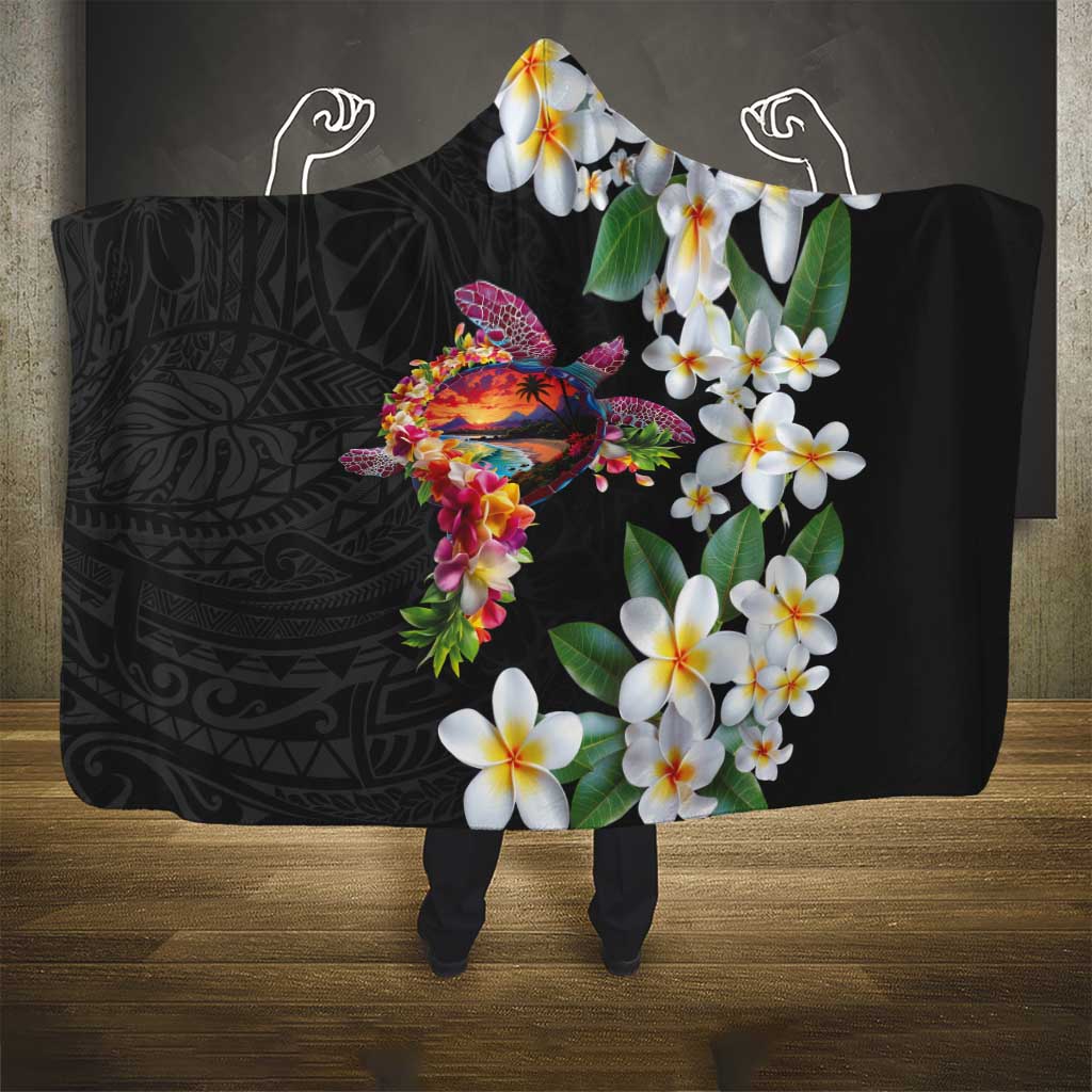 Hawaiian Lei Day Hooded Blanket Plumeria and Turtle with Polynesian Tribal Pattern LT03 - Polynesian Pride