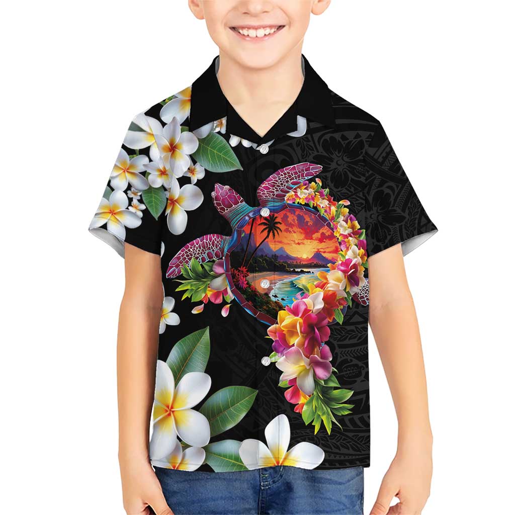 Hawaiian Lei Day Kid Hawaiian Shirt Plumeria and Turtle with Polynesian Tribal Pattern
