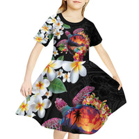 Hawaiian Lei Day Kid Short Sleeve Dress Plumeria and Turtle with Polynesian Tribal Pattern