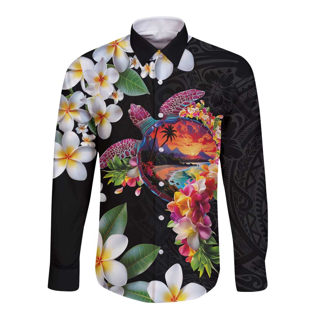 Hawaiian Lei Day Long Sleeve Button Shirt Plumeria and Turtle with Polynesian Tribal Pattern LT03 Unisex Black - Polynesian Pride