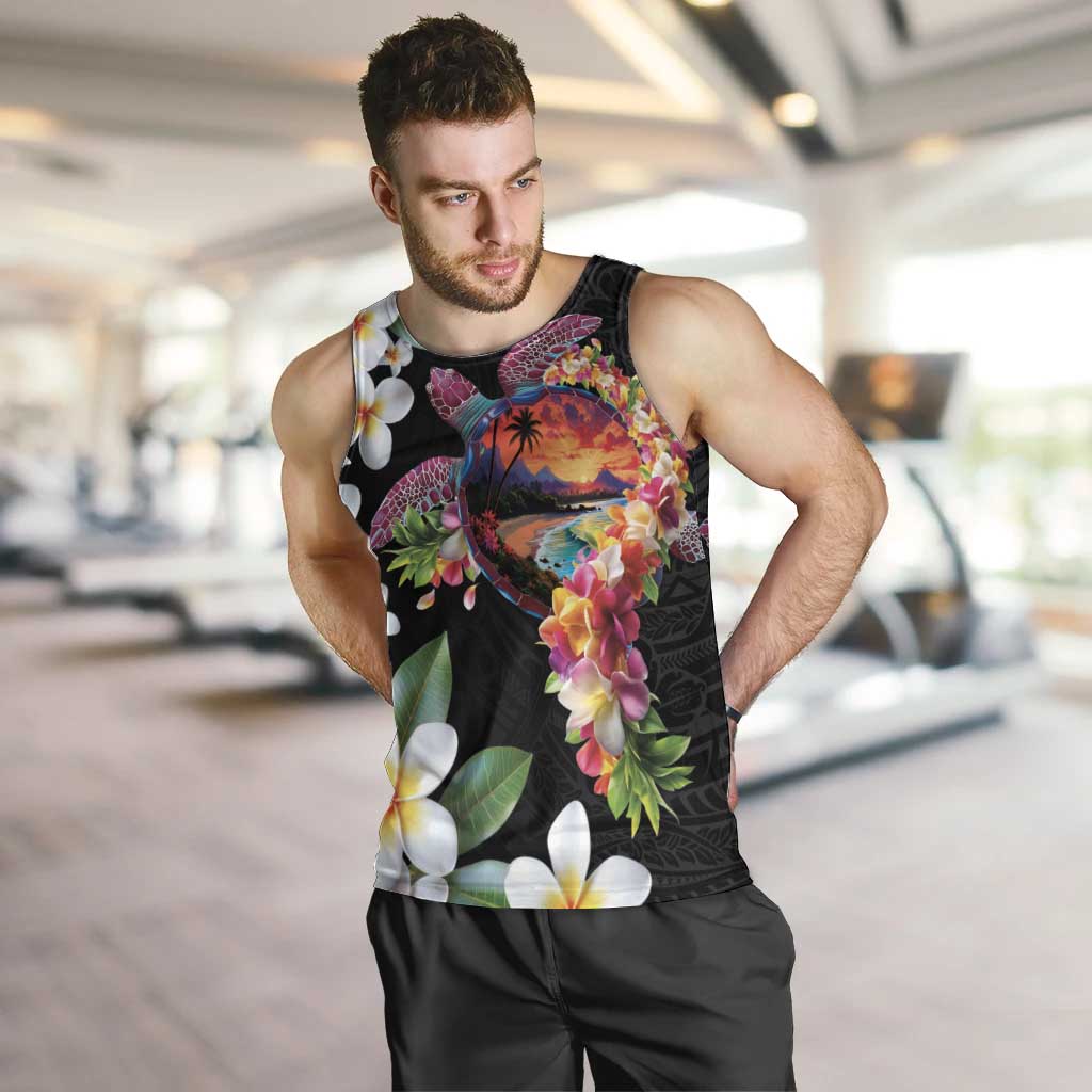 Hawaiian Lei Day Men Tank Top Plumeria and Turtle with Polynesian Tribal Pattern LT03 Black - Polynesian Pride