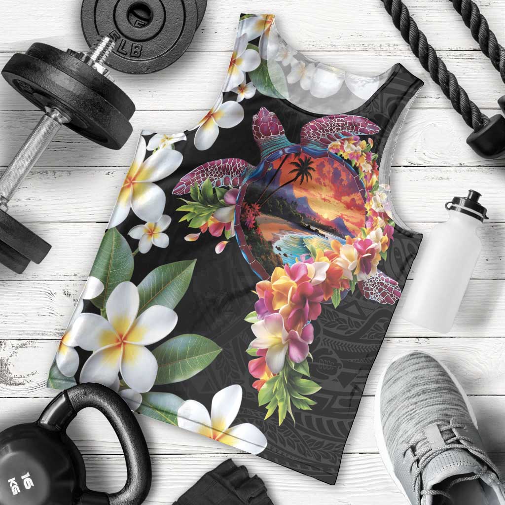 Hawaiian Lei Day Men Tank Top Plumeria and Turtle with Polynesian Tribal Pattern LT03 - Polynesian Pride