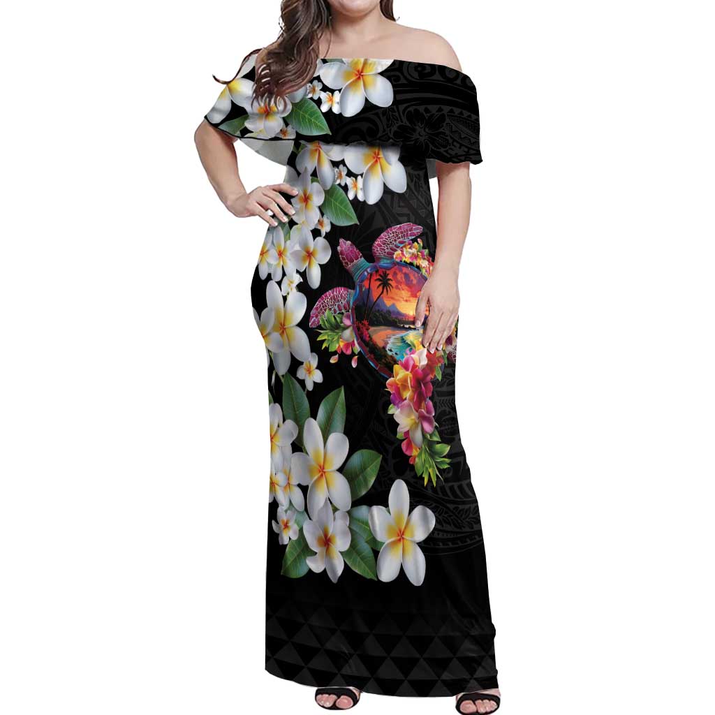 Hawaiian Lei Day Off Shoulder Maxi Dress Plumeria and Turtle with Polynesian Tribal Pattern LT03 Women Black - Polynesian Pride