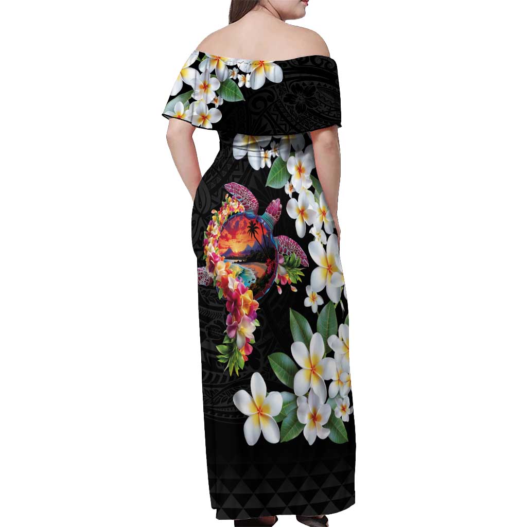 Hawaiian Lei Day Off Shoulder Maxi Dress Plumeria and Turtle with Polynesian Tribal Pattern LT03 - Polynesian Pride