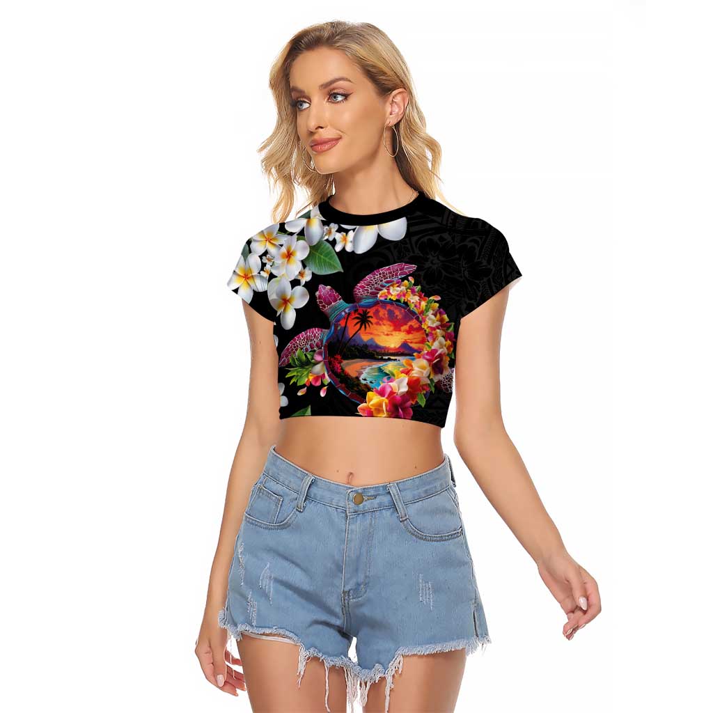 Hawaiian Lei Day Raglan Cropped T Shirt Plumeria and Turtle with Polynesian Tribal Pattern LT03 Female Black - Polynesian Pride