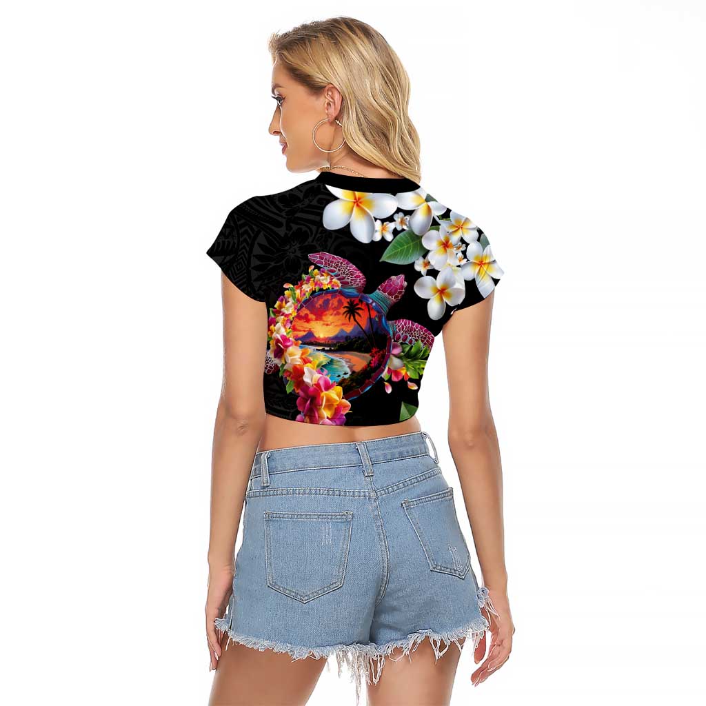 Hawaiian Lei Day Raglan Cropped T Shirt Plumeria and Turtle with Polynesian Tribal Pattern LT03 - Polynesian Pride