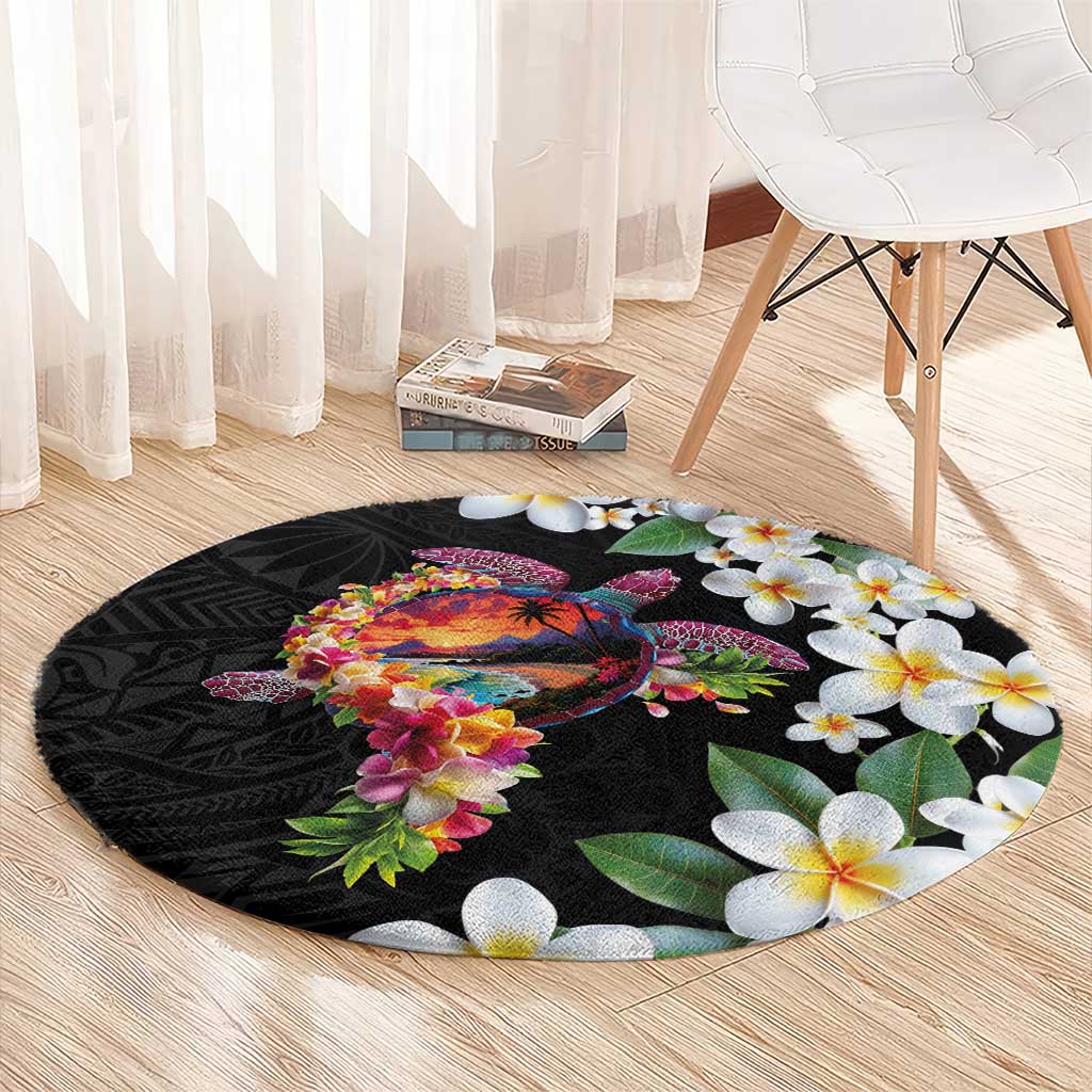 Hawaiian Lei Day Round Carpet Plumeria and Turtle with Polynesian Tribal Pattern