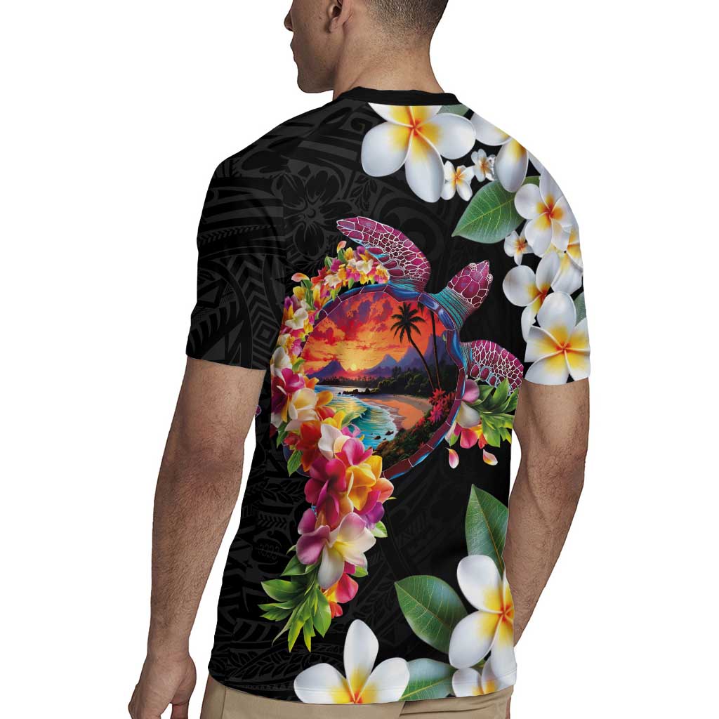 Hawaiian Lei Day Rugby Jersey Plumeria and Turtle with Polynesian Tribal Pattern