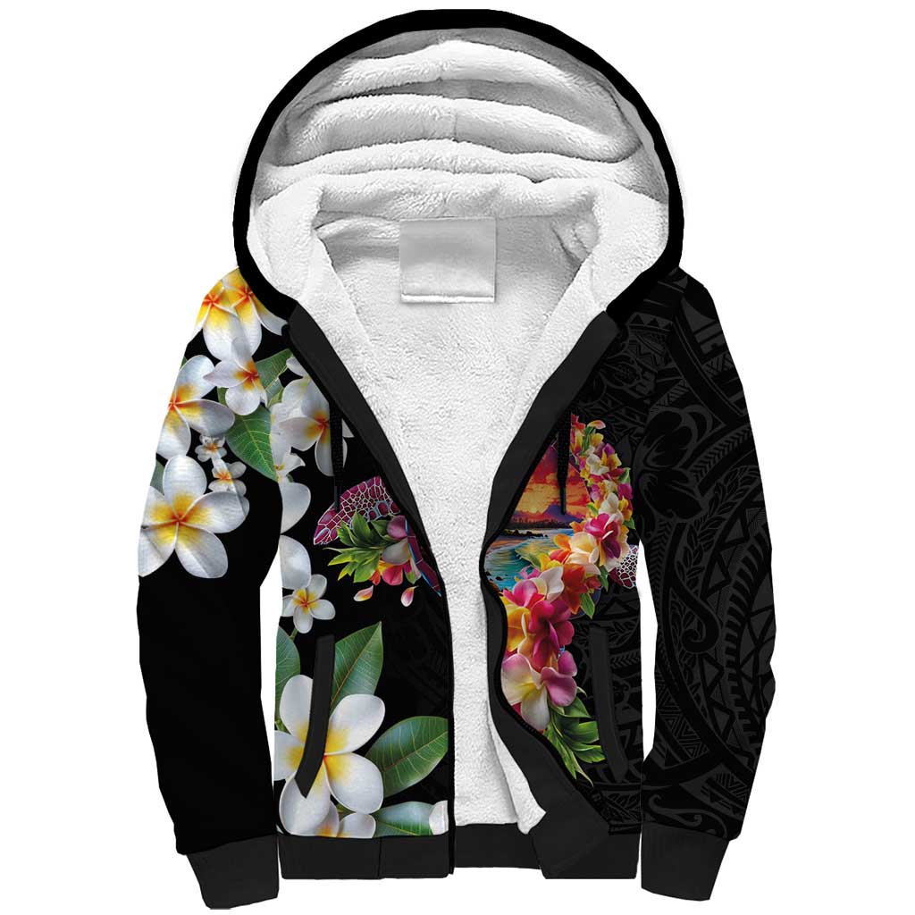 Hawaiian Lei Day Sherpa Hoodie Plumeria and Turtle with Polynesian Tribal Pattern LT03 Unisex Black - Polynesian Pride