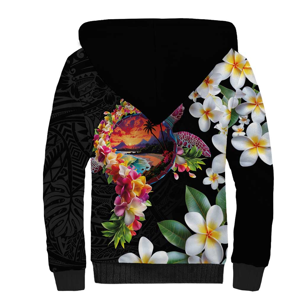 Hawaiian Lei Day Sherpa Hoodie Plumeria and Turtle with Polynesian Tribal Pattern LT03 - Polynesian Pride