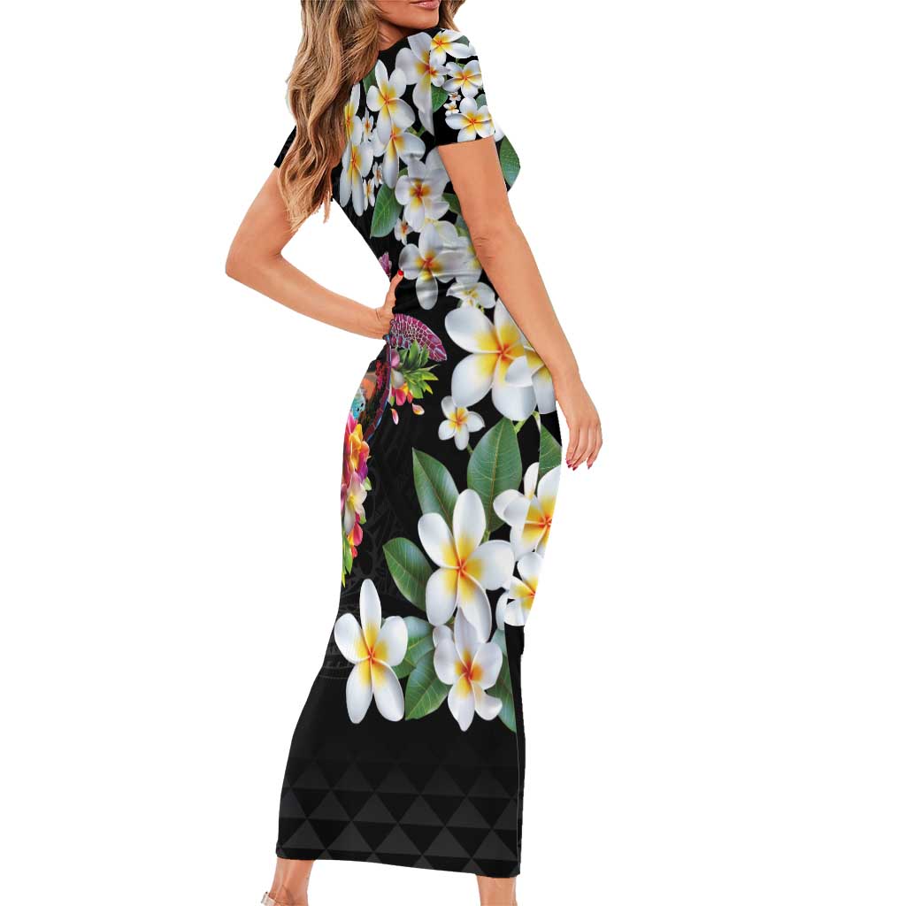 Hawaiian Lei Day Short Sleeve Bodycon Dress Plumeria and Turtle with Polynesian Tribal Pattern