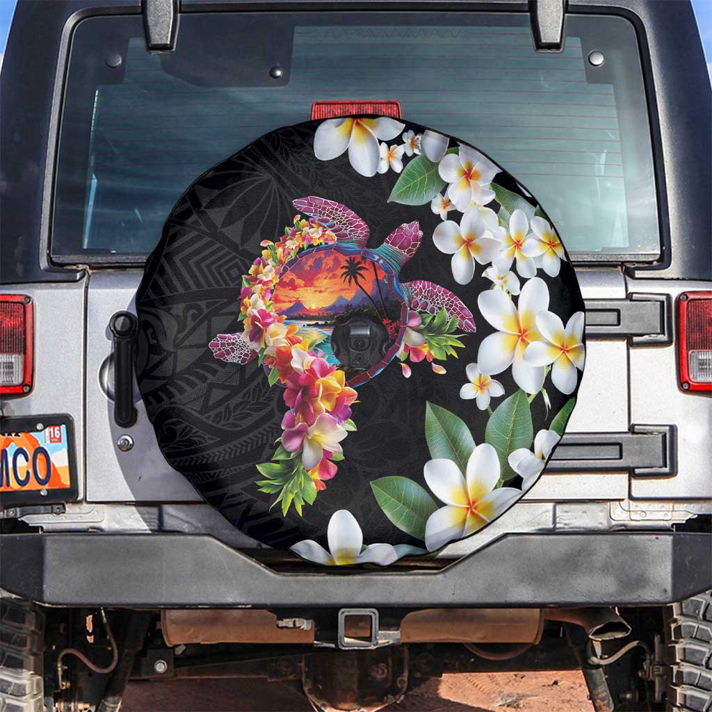 Hawaiian Lei Day Spare Tire Cover Plumeria and Turtle with Polynesian Tribal Pattern