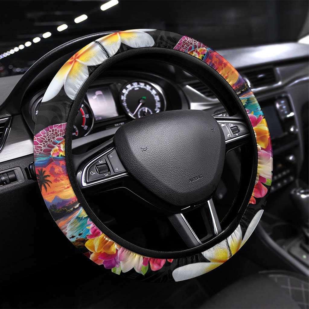 Hawaiian Lei Day Steering Wheel Cover Plumeria and Turtle with Polynesian Tribal Pattern