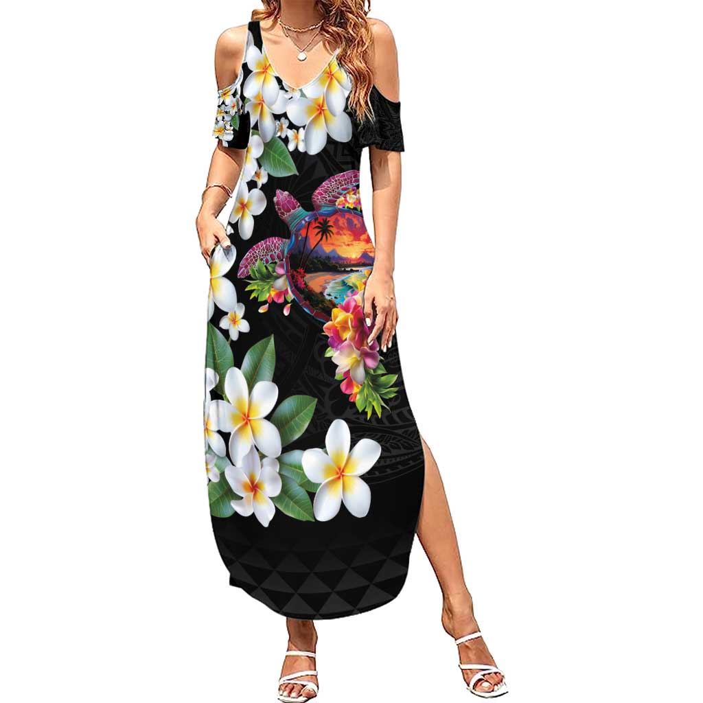 Hawaiian Lei Day Summer Maxi Dress Plumeria and Turtle with Polynesian Tribal Pattern LT03 Women Black - Polynesian Pride