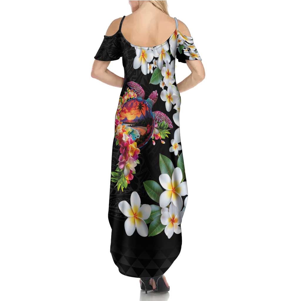 Hawaiian Lei Day Summer Maxi Dress Plumeria and Turtle with Polynesian Tribal Pattern LT03 - Polynesian Pride