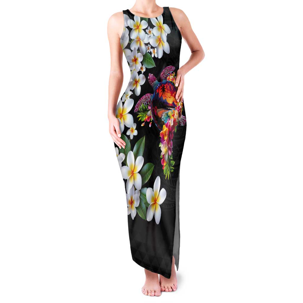 Hawaiian Lei Day Tank Maxi Dress Plumeria and Turtle with Polynesian Tribal Pattern LT03 Women Black - Polynesian Pride