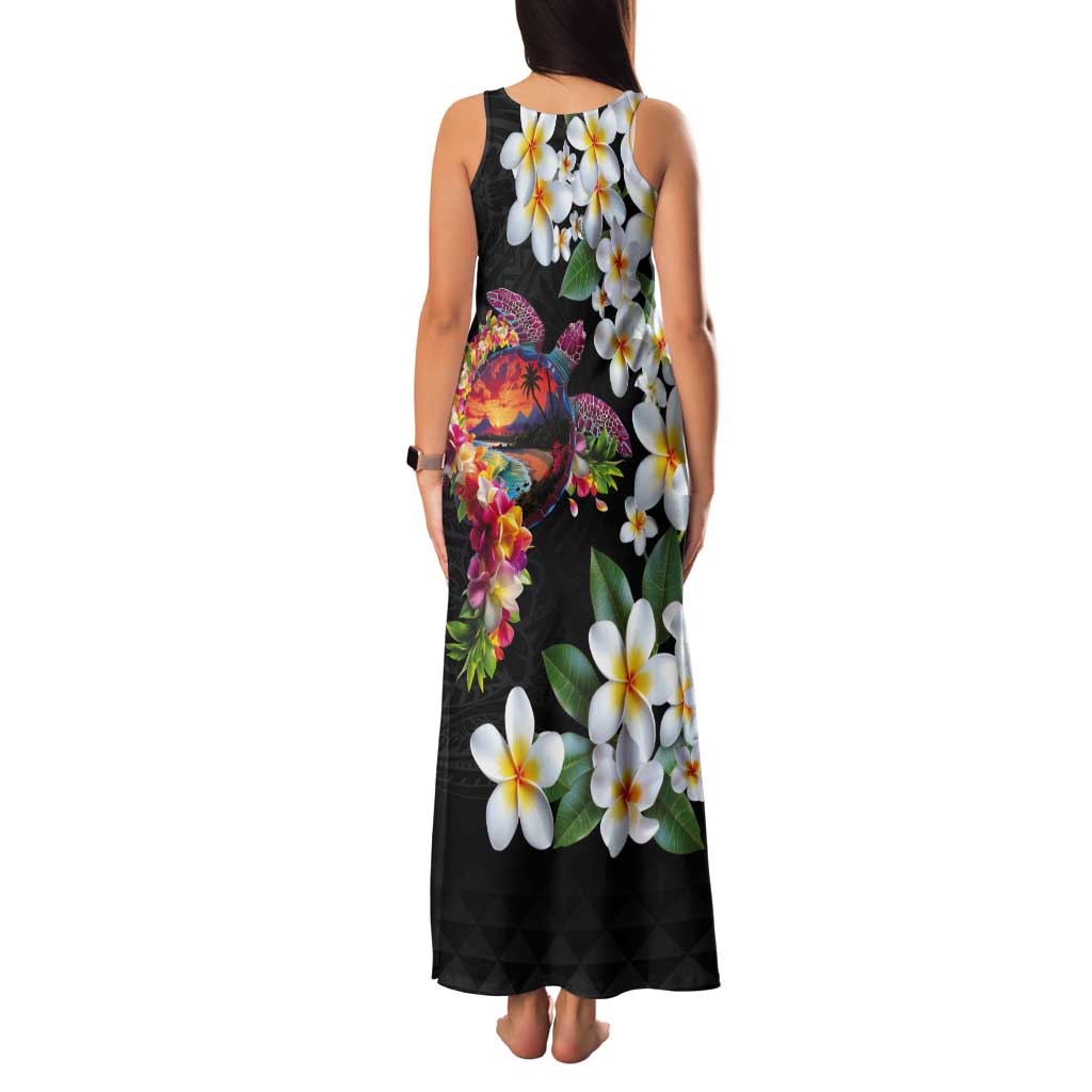 Hawaiian Lei Day Tank Maxi Dress Plumeria and Turtle with Polynesian Tribal Pattern LT03 - Polynesian Pride