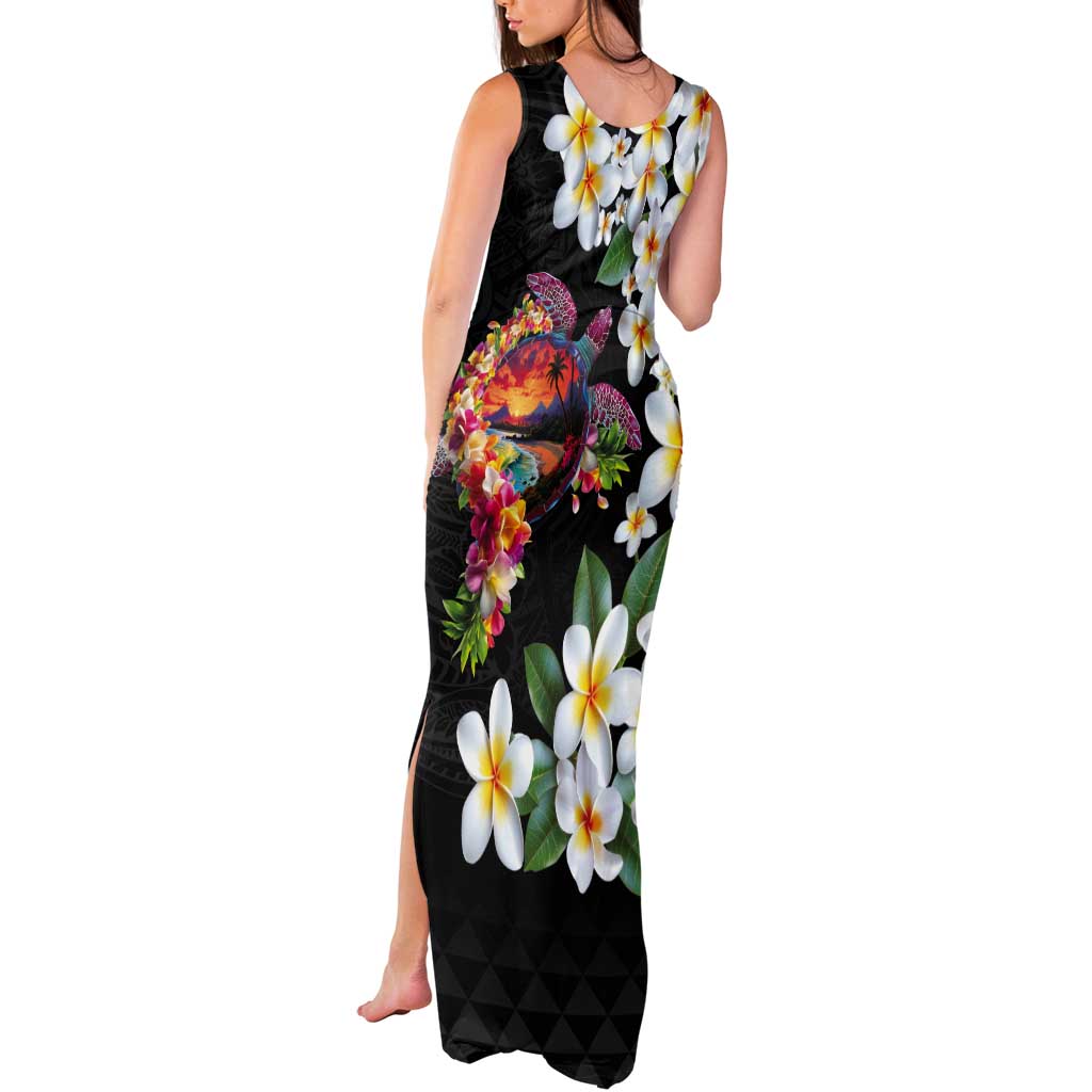Hawaiian Lei Day Tank Maxi Dress Plumeria and Turtle with Polynesian Tribal Pattern LT03 - Polynesian Pride