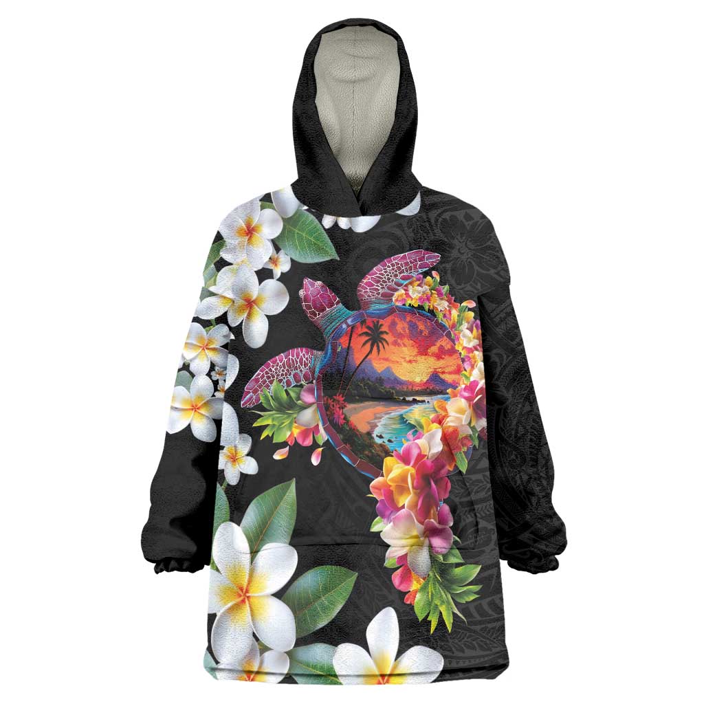 Hawaiian Lei Day Wearable Blanket Hoodie Plumeria and Turtle with Polynesian Tribal Pattern LT03 One Size Black - Polynesian Pride