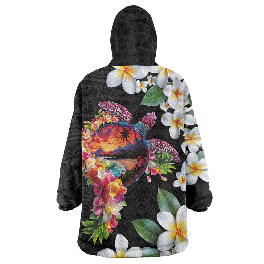 Hawaiian Lei Day Wearable Blanket Hoodie Plumeria and Turtle with Polynesian Tribal Pattern LT03 - Polynesian Pride