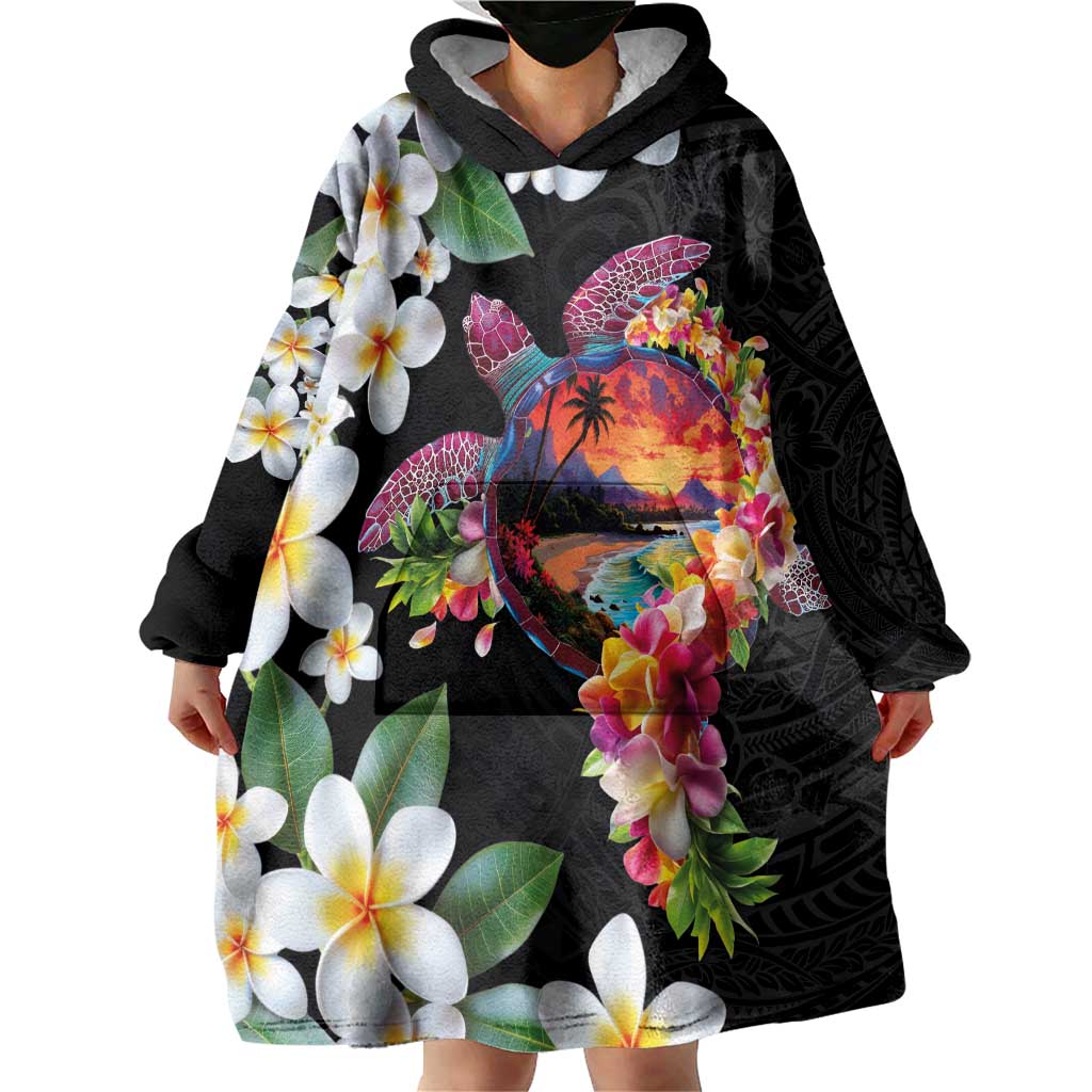 Hawaiian Lei Day Wearable Blanket Hoodie Plumeria and Turtle with Polynesian Tribal Pattern LT03 - Polynesian Pride