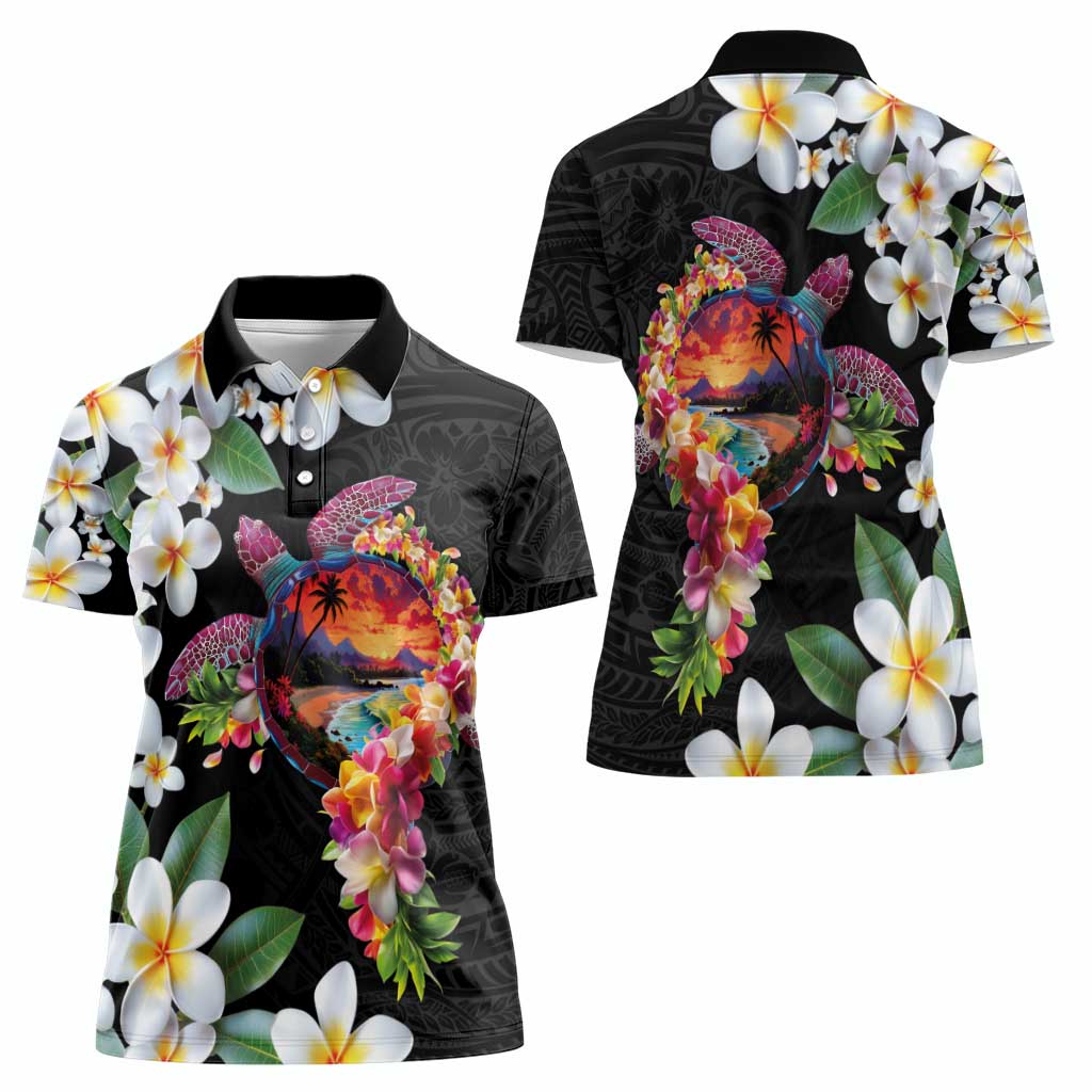 Hawaiian Lei Day Women Polo Shirt Plumeria and Turtle with Polynesian Tribal Pattern