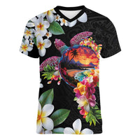 Hawaiian Lei Day Women V-Neck T-Shirt Plumeria and Turtle with Polynesian Tribal Pattern LT03 Female Black - Polynesian Pride