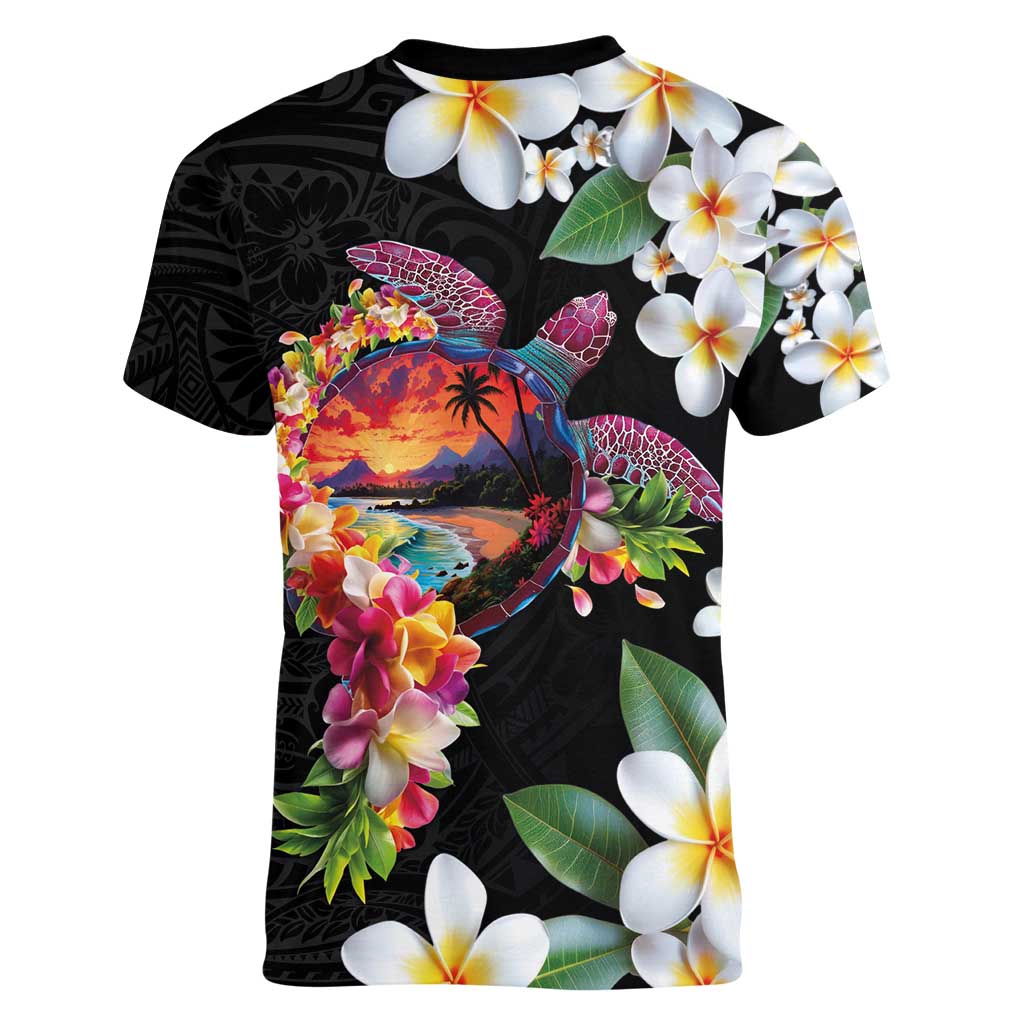Hawaiian Lei Day Women V-Neck T-Shirt Plumeria and Turtle with Polynesian Tribal Pattern LT03 - Polynesian Pride