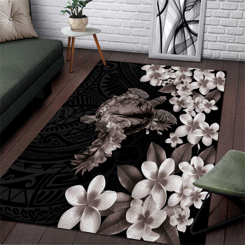 Hawaiian Lei Day Area Rug Plumeria and Turtle with Polynesian Tribal Pattern Grayscale Color