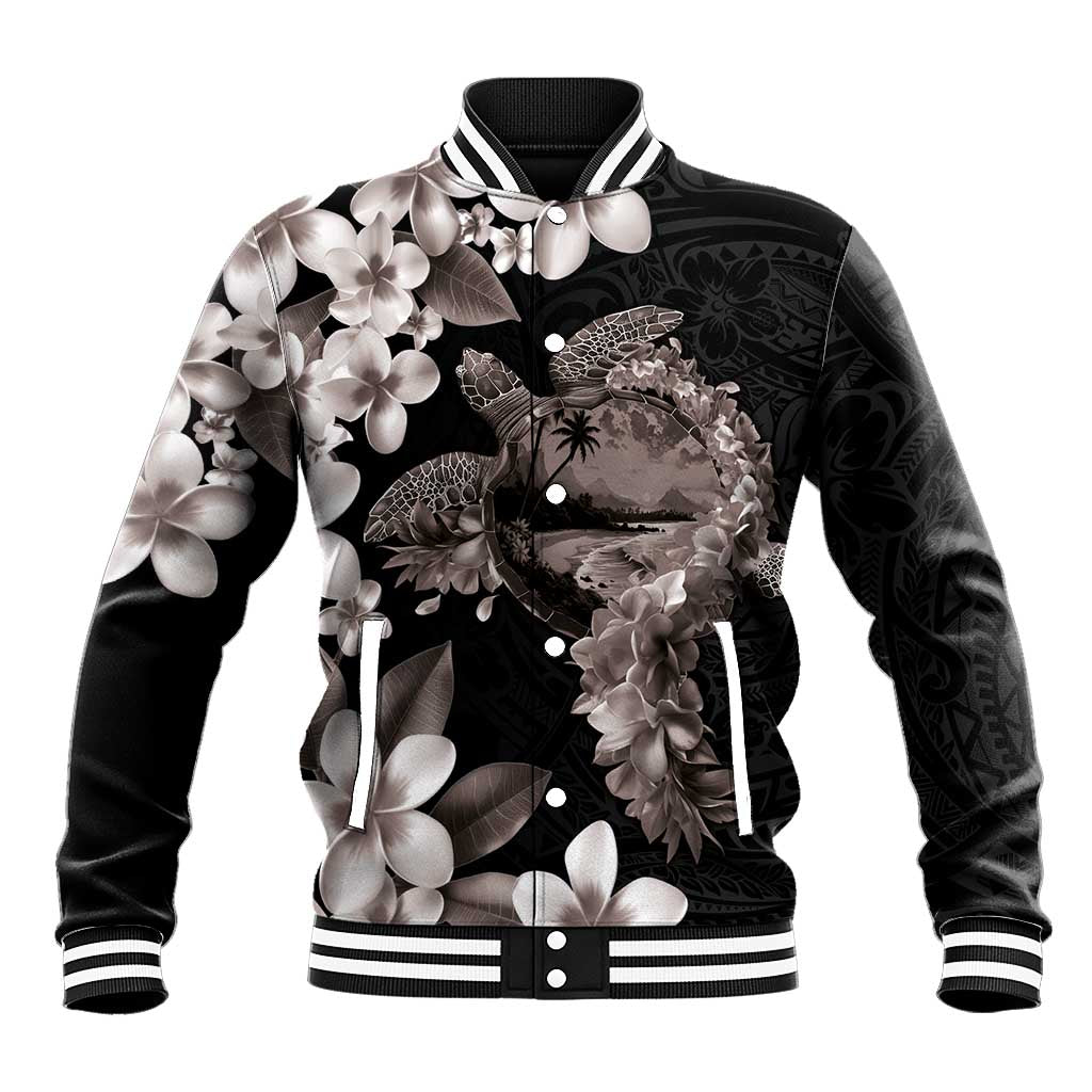 Hawaiian Lei Day Baseball Jacket Plumeria and Turtle with Polynesian Tribal Pattern Grayscale Color LT03 Unisex Black - Polynesian Pride