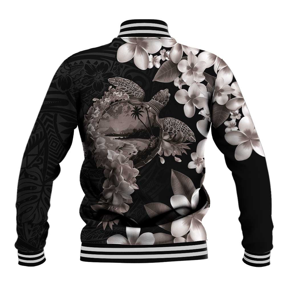 Hawaiian Lei Day Baseball Jacket Plumeria and Turtle with Polynesian Tribal Pattern Grayscale Color LT03 - Polynesian Pride