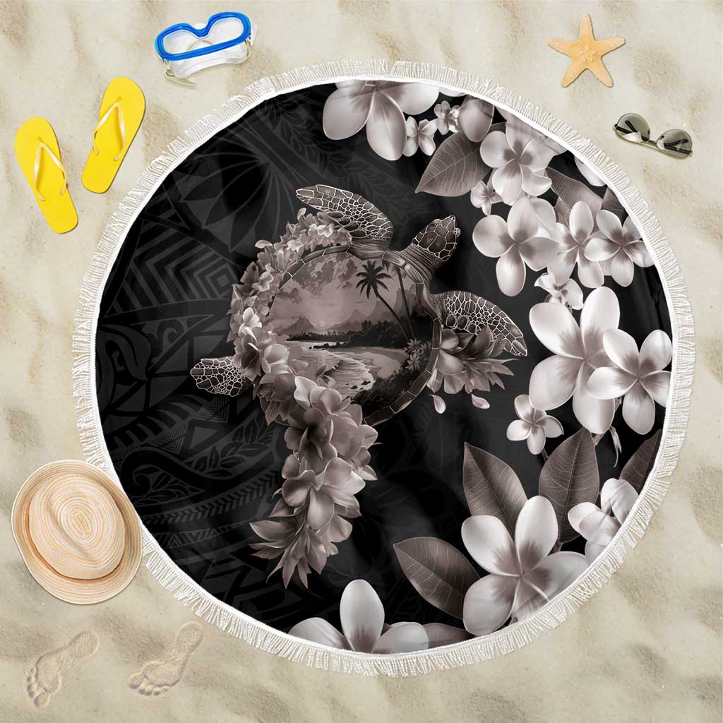 Hawaiian Lei Day Beach Blanket Plumeria and Turtle with Polynesian Tribal Pattern Grayscale Color LT03 One Size 150cm Black - Polynesian Pride