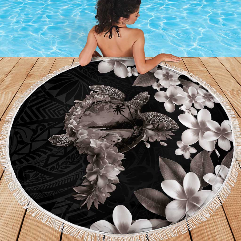 Hawaiian Lei Day Beach Blanket Plumeria and Turtle with Polynesian Tribal Pattern Grayscale Color LT03 - Polynesian Pride