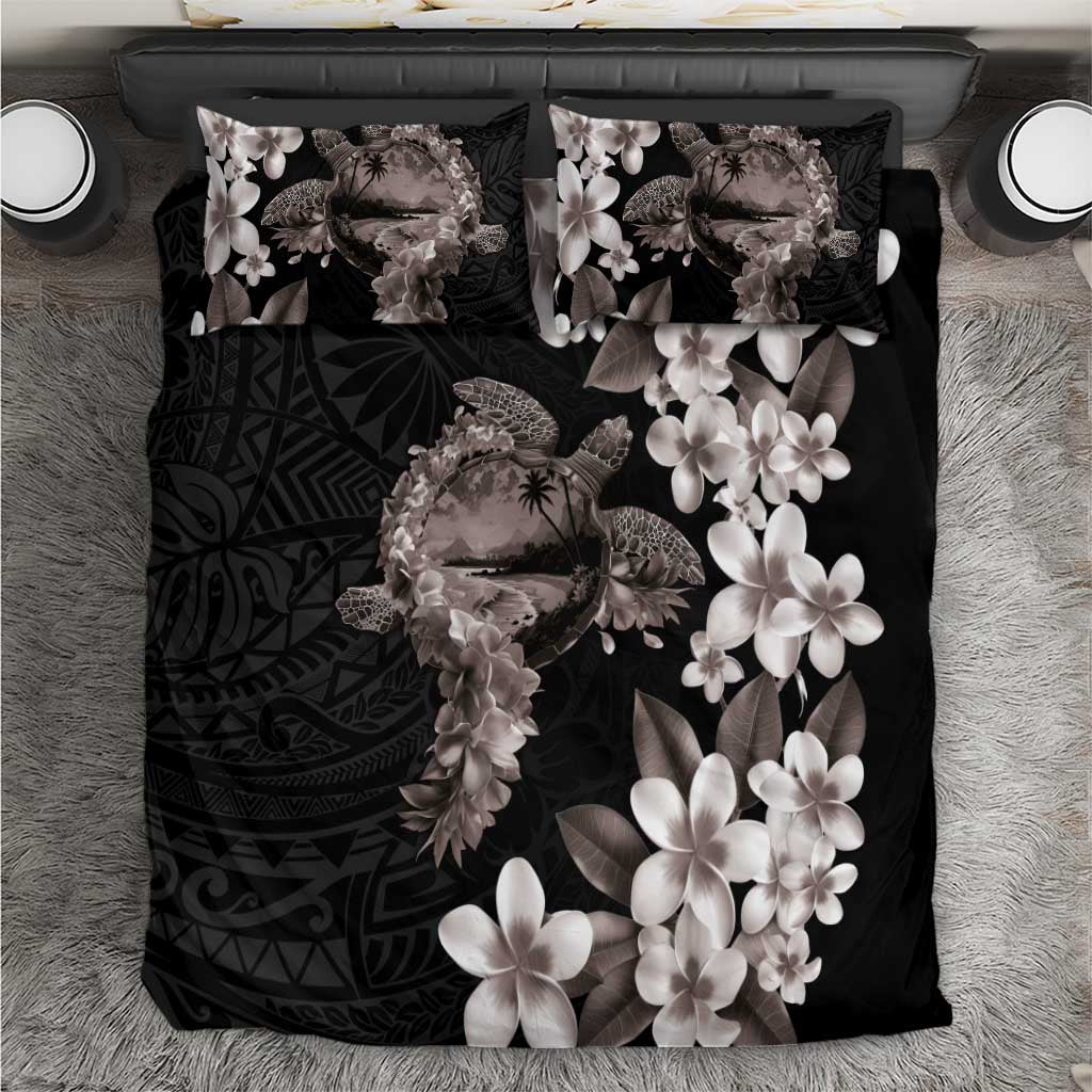 Hawaiian Lei Day Bedding Set Plumeria and Turtle with Polynesian Tribal Pattern Grayscale Color